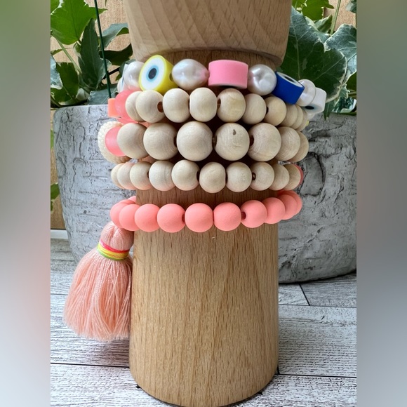 Pink & Beige Bohemian Stacked Bead Bracelet Set - Hippie Chic Bracelets - Picture 3 of 10